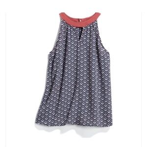 Crescent Navy & Coral Sleeveless Blouse | Keyhole Neck | Geometric Print | S
